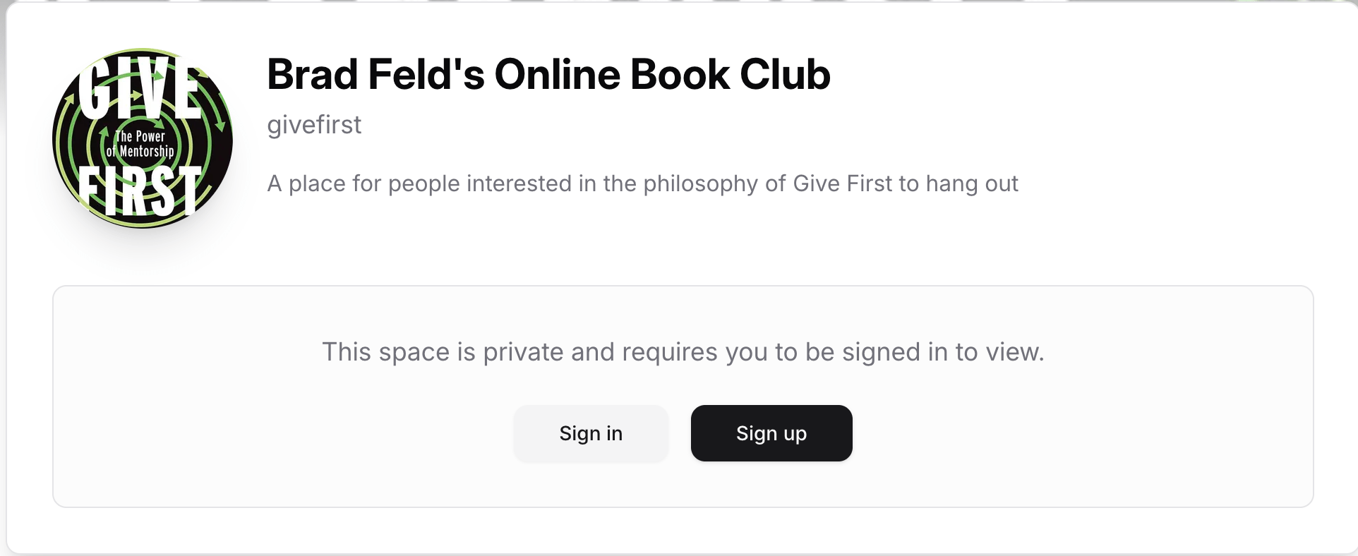 Screenshot of a webpage for Brad Feld’s Online Book Club, featuring the title ‘Give First’, a description about the club, and sign-in options.